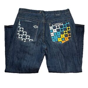 Vintage Enyce Embroidered Graphic Denim Blue Jeans 42x32 Baggy Wide Y2K Hip Hop